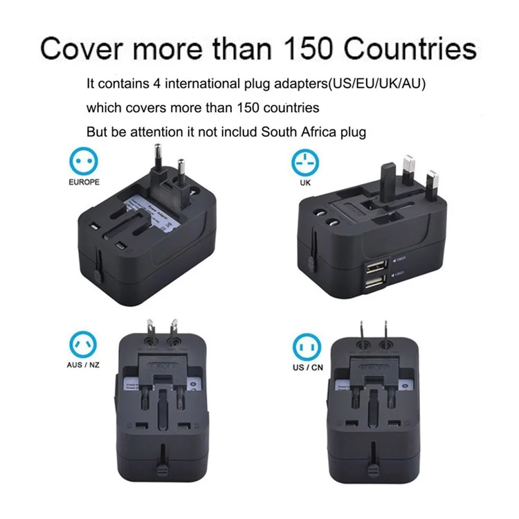 Universal Travel Adapter AU / UK / US / EU Plug Converter with 2.1A Dual USB Ports