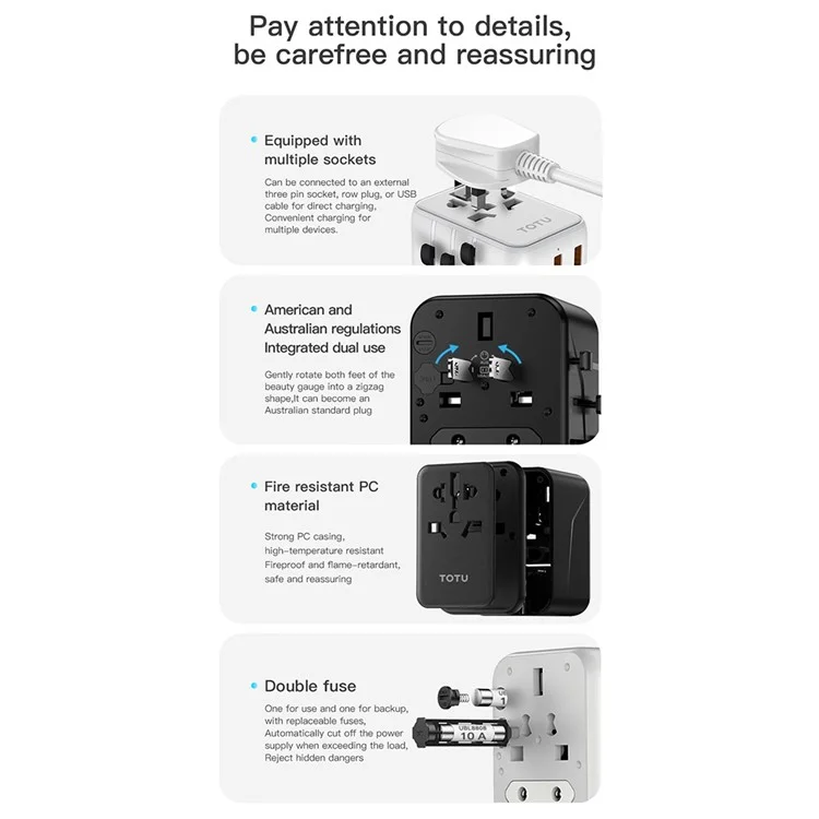 TOTU 635DQ Universal Travel Adapter PD 20W Fast Charging Block GaN Worldwide Wall Charger with 1 USB-C+2 USB-A Ports - Black