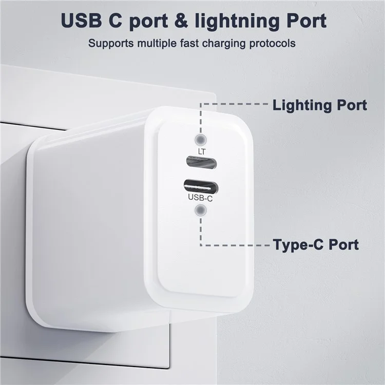 PD 20W Type-C + 8-Pin Fast Charging Phone Charger Power Adapter - US Plug