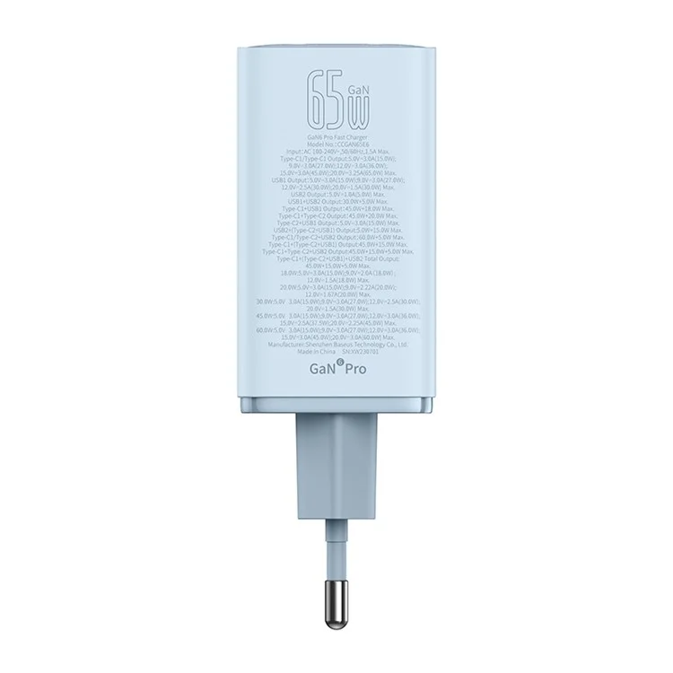 Adaptateur de Chargeur Rapide Baseus Gan6 Pro 65W - Bleu
