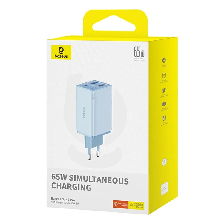 Adaptateur de Chargeur Rapide Baseus Gan6 Pro 65W - Bleu
