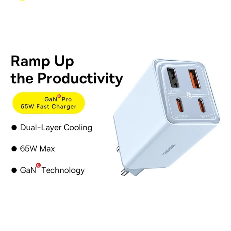 Adaptateur de Chargeur Rapide Baseus Gan6 Pro 65W - Bleu
