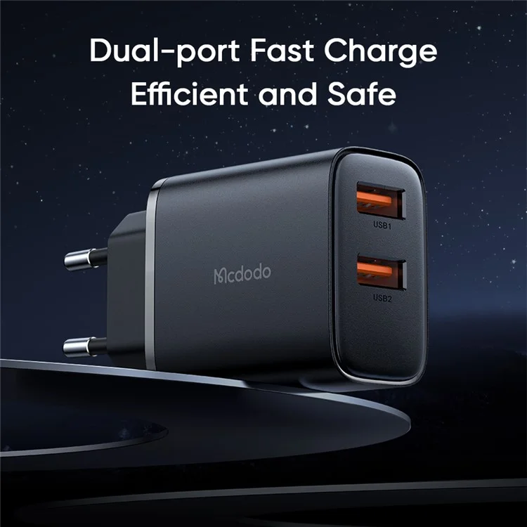 Mcdodo Beryllium CH-5070 12W Wall Charger 2 USB-A 2.4A Adaptador de Cargador de Viaje, ee Plug (negro)