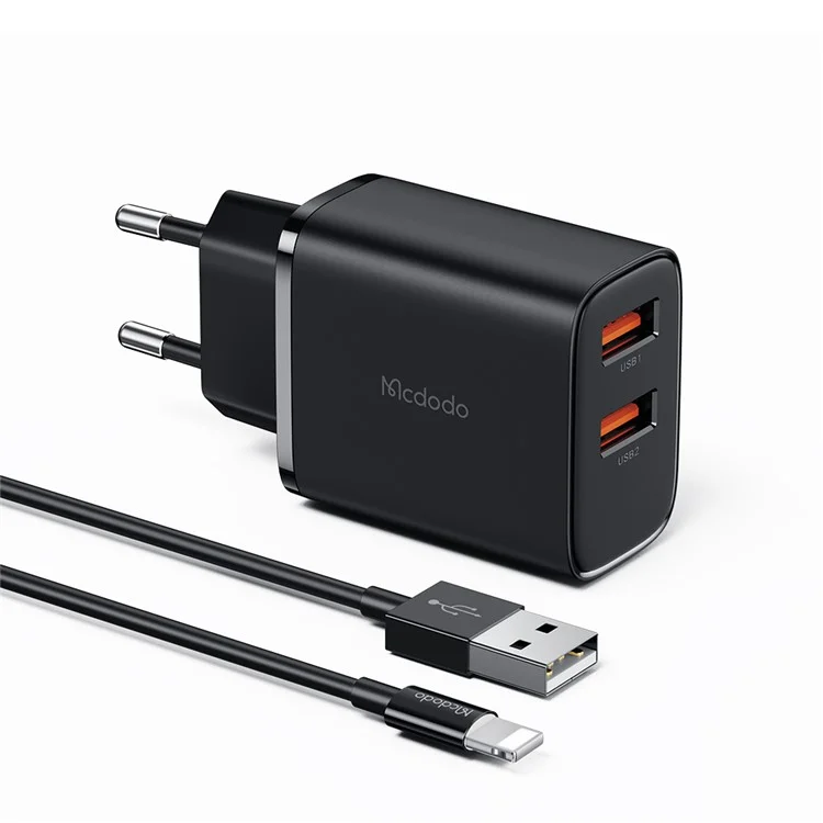 MCDODO Beryllium CH-5071 2 USB-A 2.4A Wall Charger Set con Cavo USB a iP 12W Caricabatterie da Viaggio, Spina EU (Nero)