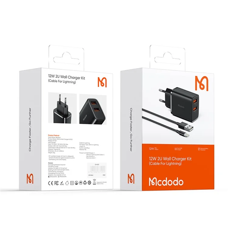 MCDODO Beryllium CH-5071 2 USB-A 2.4A Wall Charger Set con Cavo USB a iP 12W Caricabatterie da Viaggio, Spina EU (Nero)