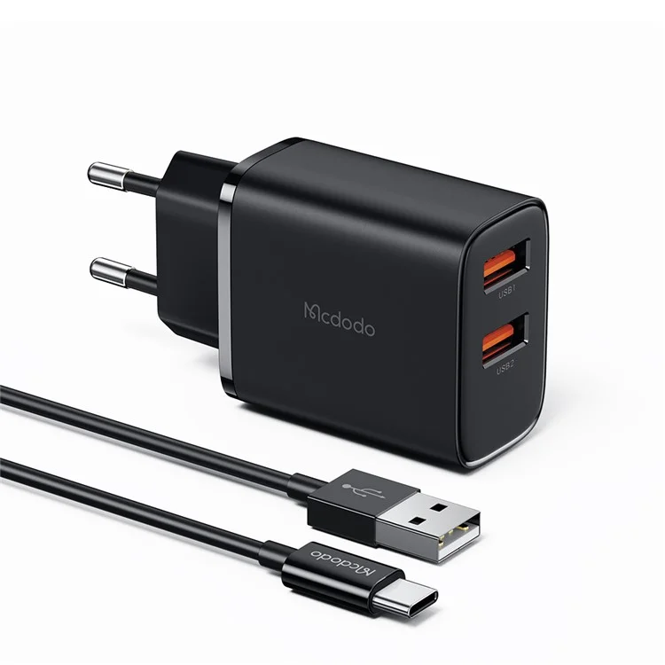 Mcdodo Beryllium CH-5072 Kit de Carregador de Parede de 12w Com Cabo Tipo c 2 USB-A 2.4A Bloco de Carregador de Viagem, Plugue da ue (preto)