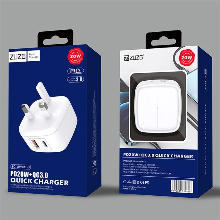 ZUZG ZC-UW01BS PD+QC3.0 Dual Port Wall Charger Portable Power Adapter, UK Stecker