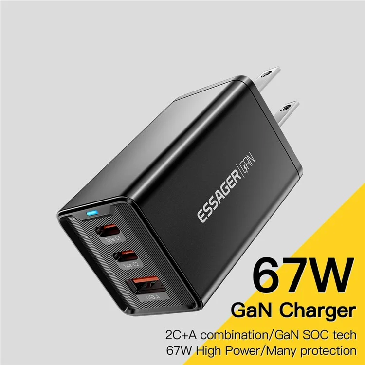 ESSAGER JT-G67TC2U1 67W GaN Travel Charger Adapter 2 Type-C+USB-A Wall Charger Block - Black / US Plug
