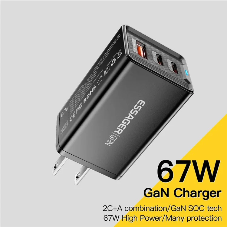 ESSAGER JT-G67TC2U1 67W GaN Travel Charger Adapter 2 Type-C+USB-A Wall Charger Block - Black / US Plug