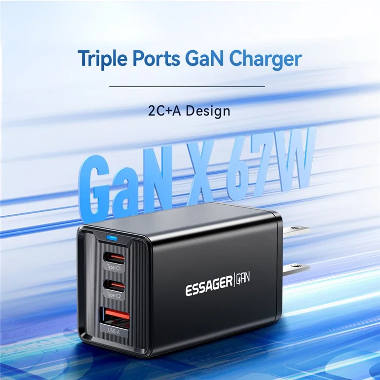 ESSAGER JT-G67TC2U1 67W GaN Travel Charger Adapter 2 Type-C+USB-A Wall Charger Block - Black / US Plug