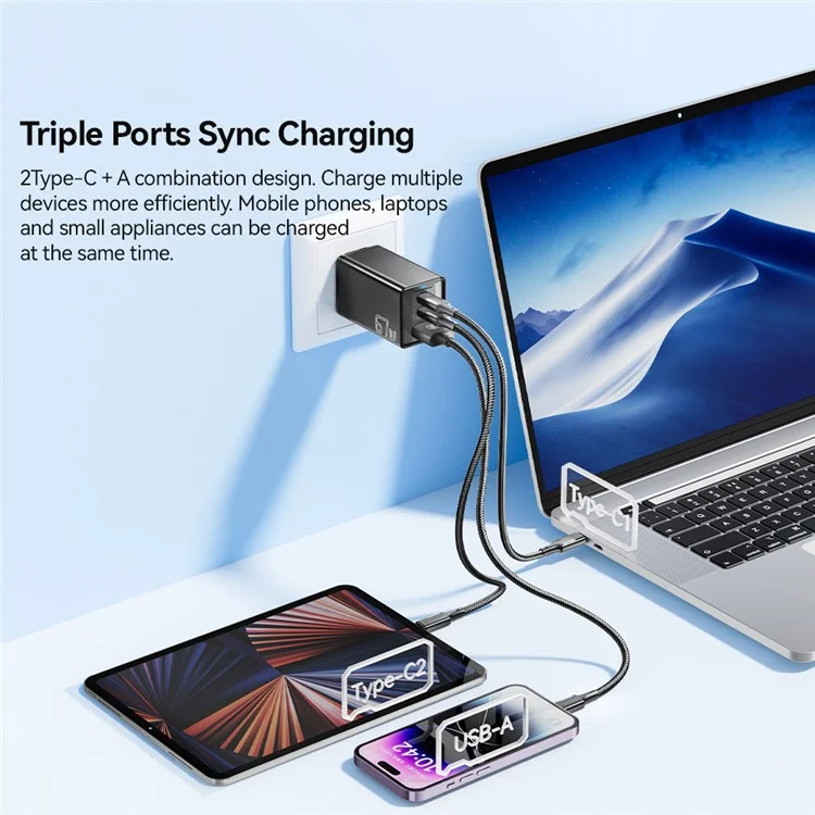 ESSAGER JT-G67TC2U1 67W GaN Travel Charger Adapter 2 Type-C+USB-A Wall Charger Block - Black / US Plug
