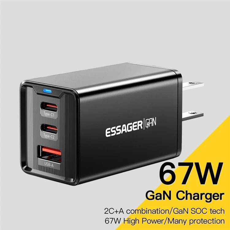 ESSAGER JT-G67TC2U1 67W GaN Travel Charger Adapter 2 Type-C+USB-A Wall Charger Block - Black / US Plug