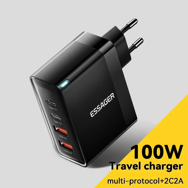 ESSAGER ES-CD37 100W Quick Charger Adapter 2 USB-C + 2 USB-A Multi-Port Charging Station - Black / EU Plug
