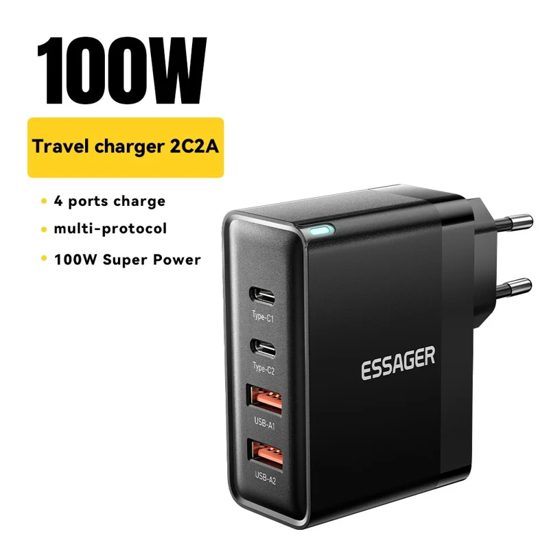 ESSAGER ES-CD37 100W Quick Charger Adapter 2 USB-C + 2 USB-A Multi-Port Charging Station - Black / EU Plug