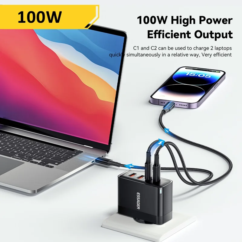 ESSAGER ES-CD37 100W Quick Charger Adapter 2 USB-C + 2 USB-A Multi-Port Charging Station - Black / EU Plug