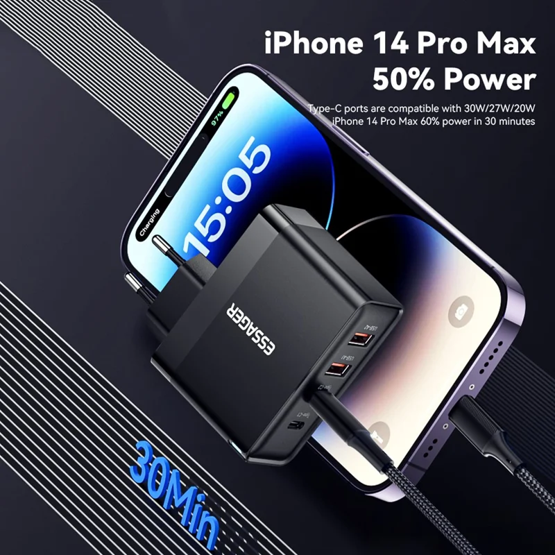 ESSAGER ES-CD37 100W Quick Charger Adapter 2 USB-C + 2 USB-A Multi-Port Charging Station - Black / EU Plug