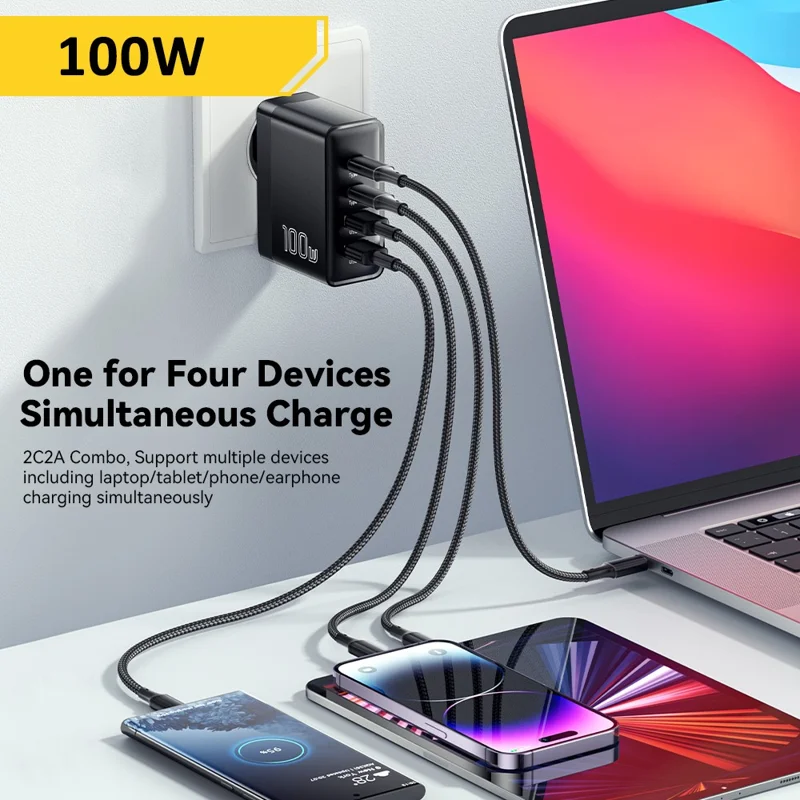 ESSAGER ES-CD37 100W Quick Charger Adapter 2 USB-C + 2 USB-A Multi-Port Charging Station - Black / EU Plug