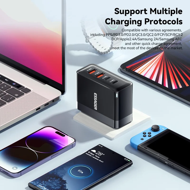 ESSAGER ES-CD37 100W Quick Charger Adapter 2 USB-C + 2 USB-A Multi-Port Charging Station - Black / EU Plug