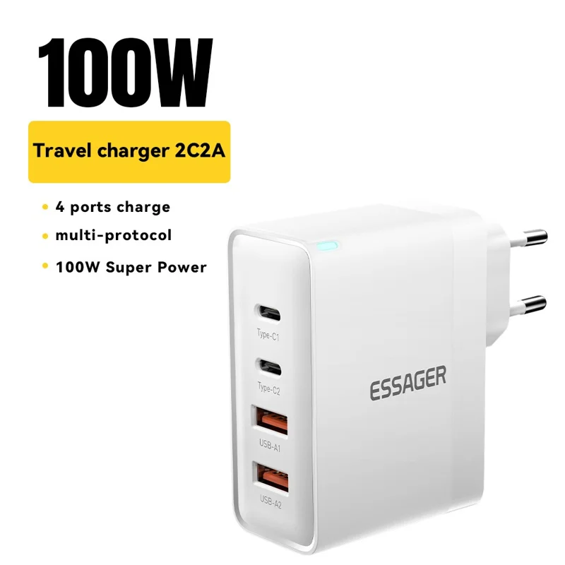 ESSAGER ES-CD37 100Вт быстрое зарядное устройство-адаптер с 2 USB-C и 2 USB-A многопортовая зарядная станция - Белый / Евровилка