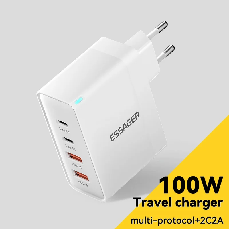 ESSAGER ES-CD37 100Вт быстрое зарядное устройство-адаптер с 2 USB-C и 2 USB-A многопортовая зарядная станция - Белый / Евровилка