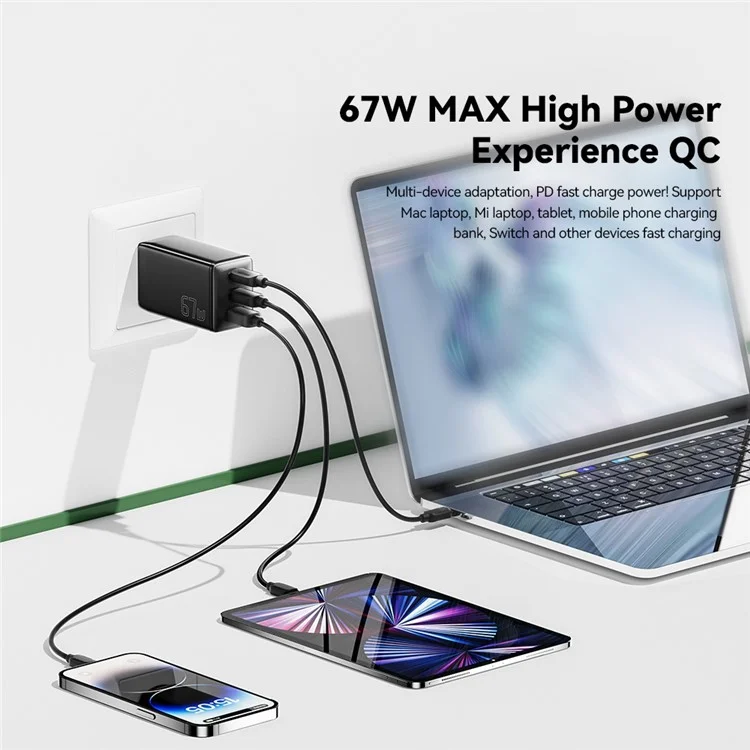 ESSAGER GaN X 67W USB-A + 2 Type-C Wall Charger for Cell Phone, Camera, Tablet, Laptop - White / US Plug