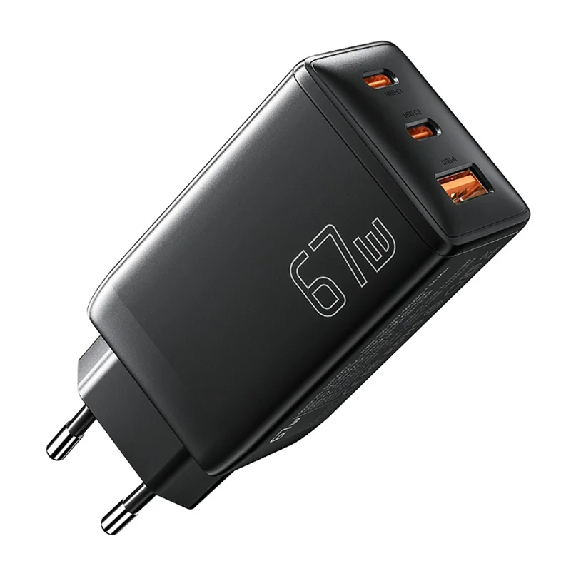 ESSAGER GaN X 67W USB-A + 2 Type-C Wall Charger for Cell Phone, Camera, Tablet, Laptop - Black / EU Plug