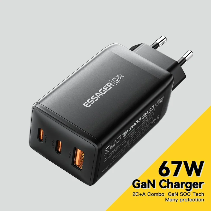 ESSAGER GaN X 67W USB-A + 2 Type-C Wall Charger for Cell Phone, Camera, Tablet, Laptop - Black / EU Plug
