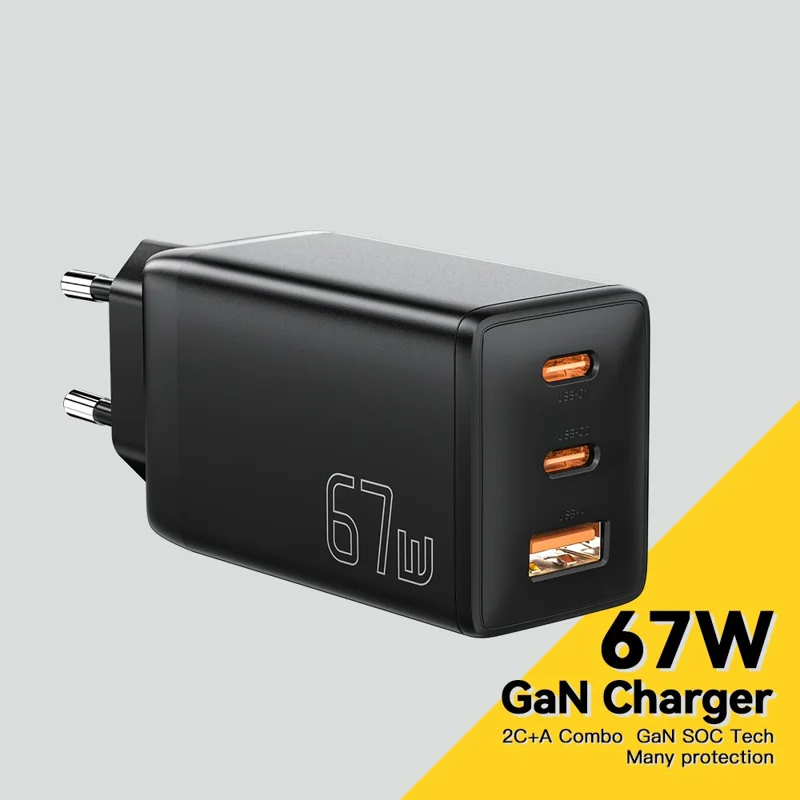 ESSAGER GaN X 67W USB-A + 2 Type-C Wall Charger for Cell Phone, Camera, Tablet, Laptop - Black / EU Plug