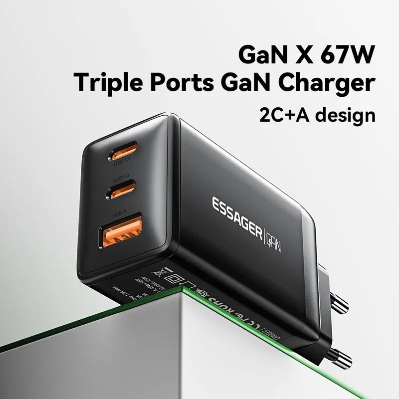 ESSAGER GaN X 67W USB-A + 2 Type-C Wall Charger for Cell Phone, Camera, Tablet, Laptop - Black / EU Plug