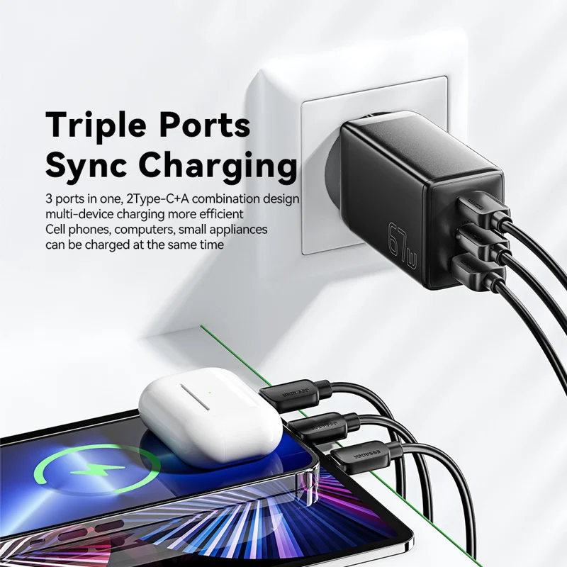 ESSAGER GaN X 67W USB-A + 2 Type-C Wall Charger for Cell Phone, Camera, Tablet, Laptop - Black / EU Plug