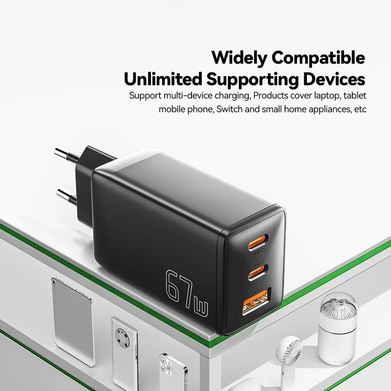 ESSAGER GaN X 67W USB-A + 2 Type-C Wall Charger for Cell Phone, Camera, Tablet, Laptop - Black / EU Plug