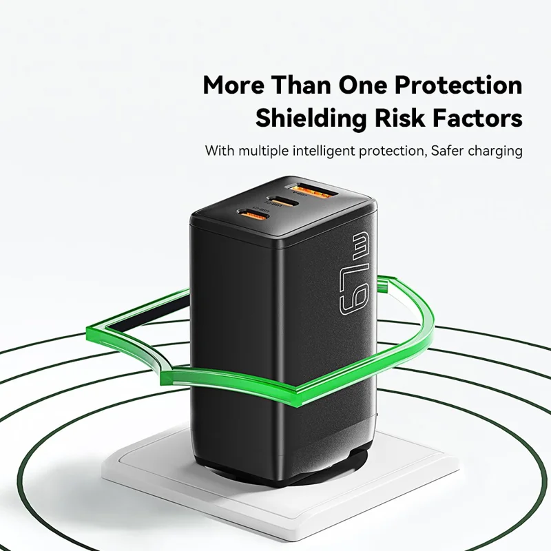 ESSAGER GaN X 67W USB-A + 2 Type-C Wall Charger for Cell Phone, Camera, Tablet, Laptop - Black / EU Plug