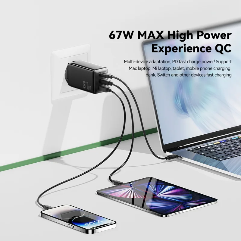 ESSAGER GaN X 67W USB-A + 2 Type-C Wall Charger for Cell Phone, Camera, Tablet, Laptop - Black / EU Plug