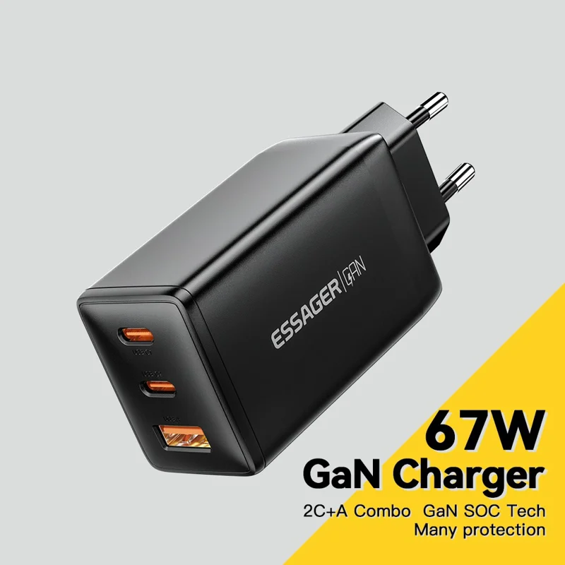 ESSAGER GaN X 67W USB-A + 2 Type-C Wall Charger for Cell Phone, Camera, Tablet, Laptop - Black / EU Plug