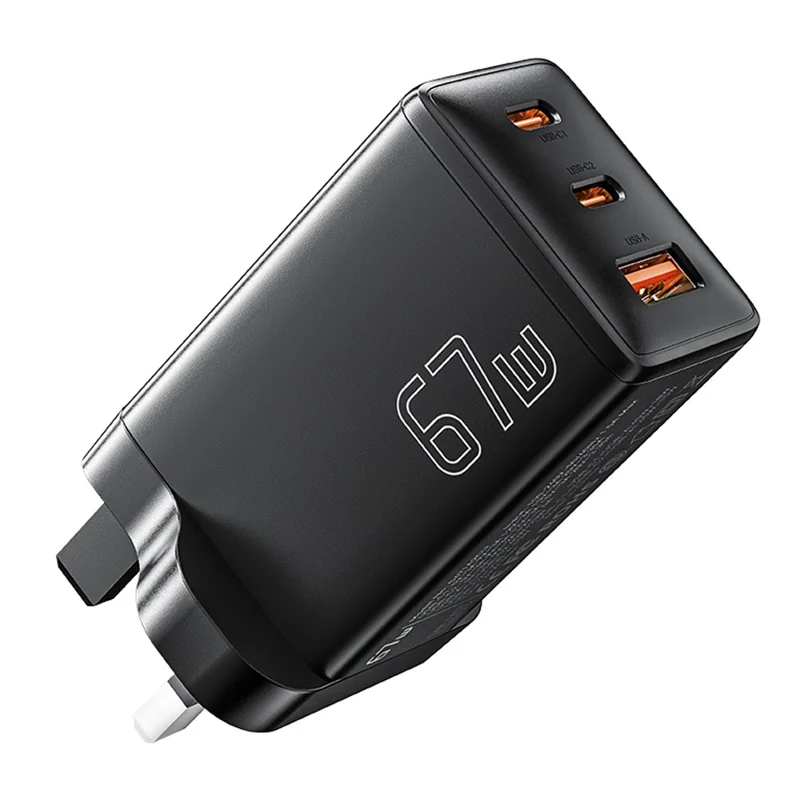 Essager Gan X 67w USB-A + 2 Carregador de Parede Tipo-c Para Celular, Câmera, Tablet, Laptop - Preto / Plugue do Reino Unido