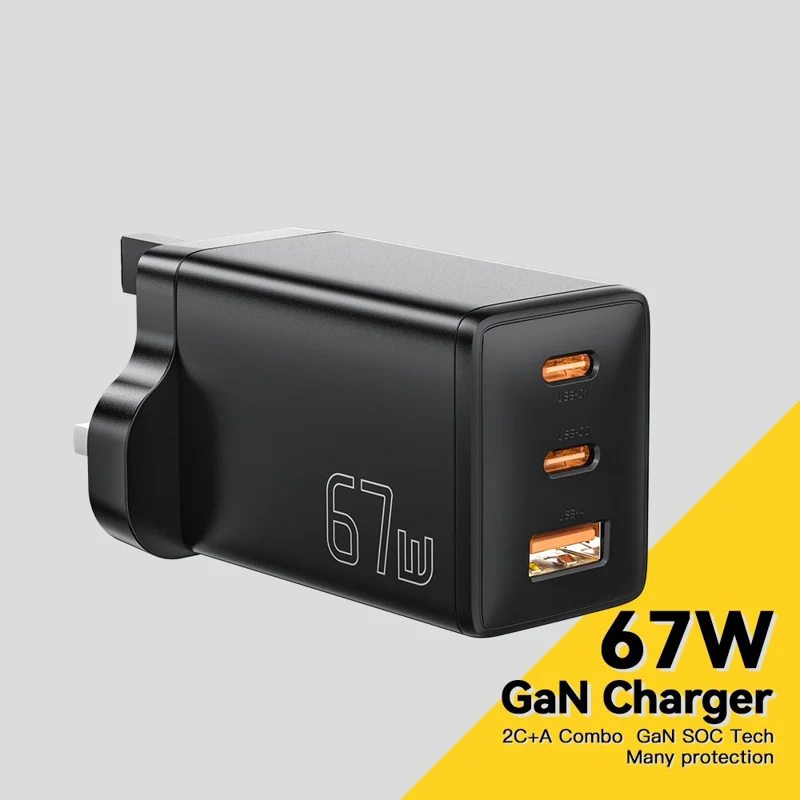 Essager Gan X 67w USB-A + 2 Carregador de Parede Tipo-c Para Celular, Câmera, Tablet, Laptop - Preto / Plugue do Reino Unido