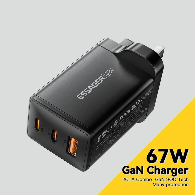 Essager Gan X 67w USB-A + 2 Carregador de Parede Tipo-c Para Celular, Câmera, Tablet, Laptop - Preto / Plugue do Reino Unido