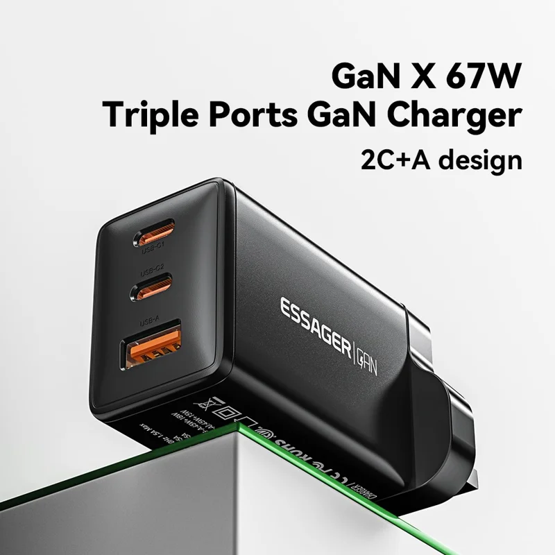 Essager Gan X 67w USB-A + 2 Carregador de Parede Tipo-c Para Celular, Câmera, Tablet, Laptop - Preto / Plugue do Reino Unido