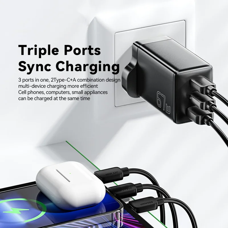 Essager Gan X 67w USB-A + 2 Carregador de Parede Tipo-c Para Celular, Câmera, Tablet, Laptop - Preto / Plugue do Reino Unido