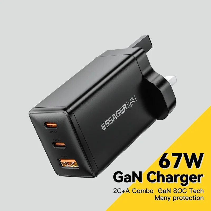 Essager Gan X 67w USB-A + 2 Carregador de Parede Tipo-c Para Celular, Câmera, Tablet, Laptop - Preto / Plugue do Reino Unido