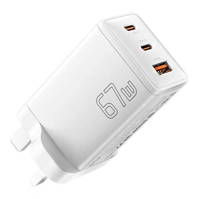 ESSAGER GaN X 67W USB-A + 2 Type-C Wall Charger for Cell Phone, Camera, Tablet, Laptop - White / UK Plug