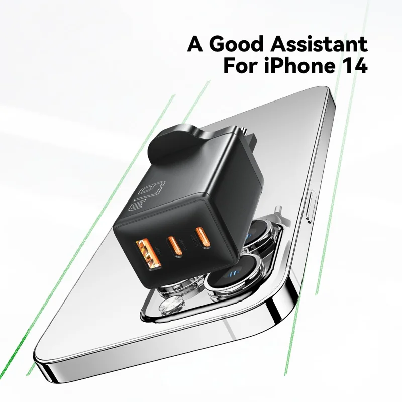 ESSAGER GaN X 67W USB-A + 2 Type-C Wall Charger for Cell Phone, Camera, Tablet, Laptop - White / UK Plug