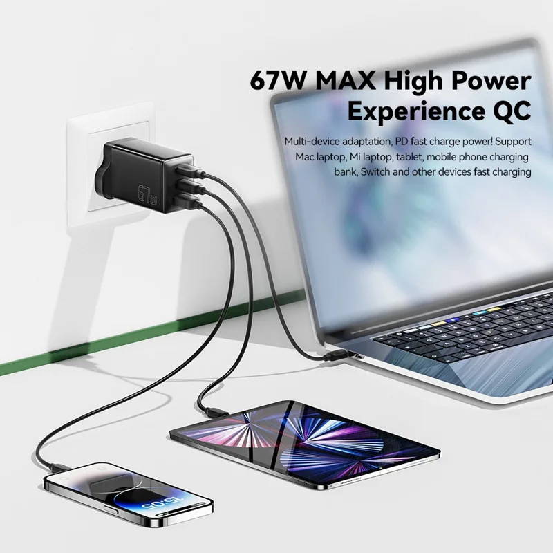 ESSAGER GaN X 67W USB-A + 2 Type-C Wall Charger for Cell Phone, Camera, Tablet, Laptop - White / UK Plug