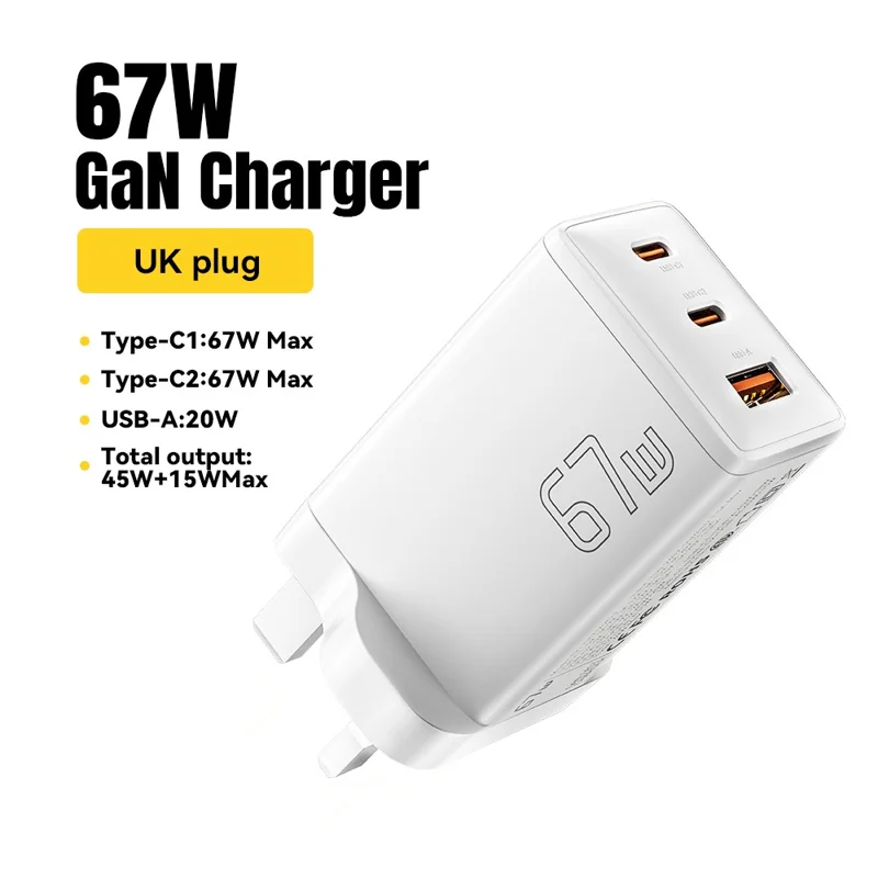 ESSAGER GaN X 67W USB-A + 2 Type-C Wall Charger for Cell Phone, Camera, Tablet, Laptop - White / UK Plug