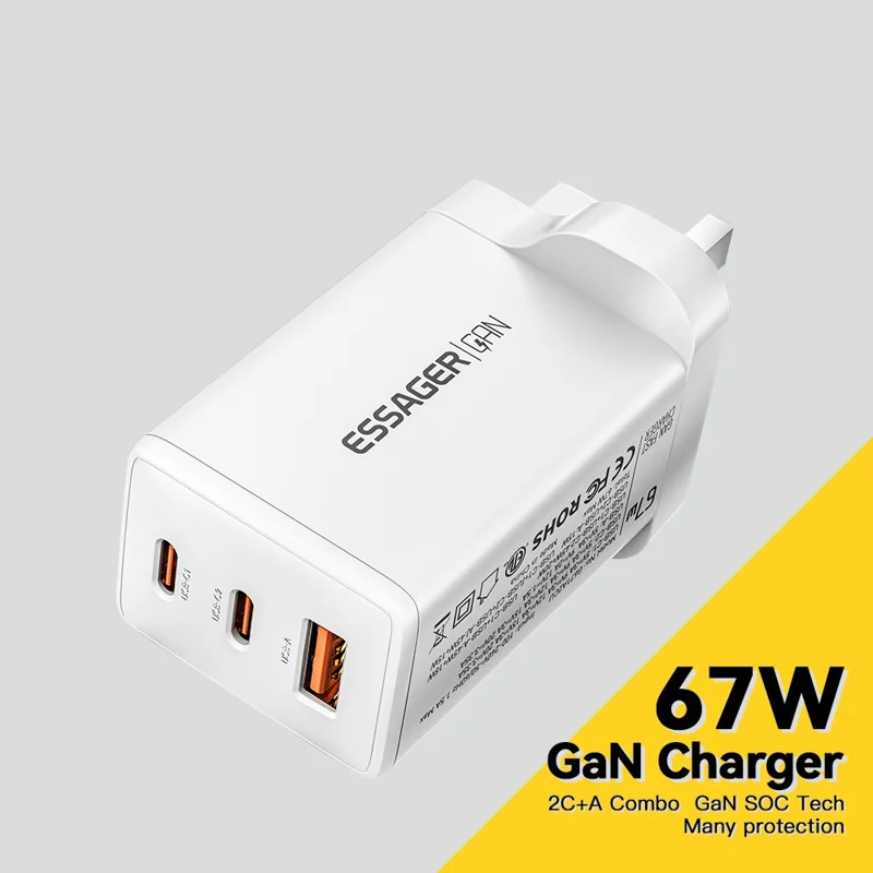 ESSAGER GaN X 67W USB-A + 2 Type-C Wall Charger for Cell Phone, Camera, Tablet, Laptop - White / UK Plug