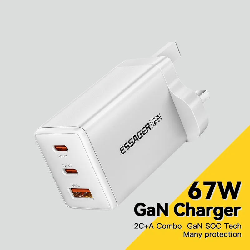 ESSAGER GaN X 67W USB-A + 2 Type-C Wall Charger for Cell Phone, Camera, Tablet, Laptop - White / UK Plug