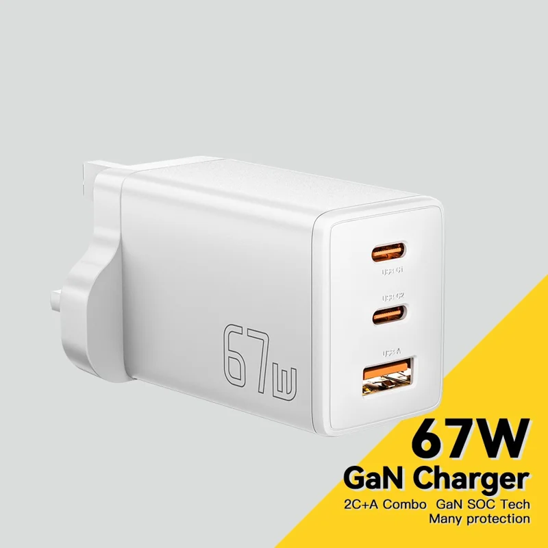 ESSAGER GaN X 67W USB-A + 2 Type-C Wall Charger for Cell Phone, Camera, Tablet, Laptop - White / UK Plug