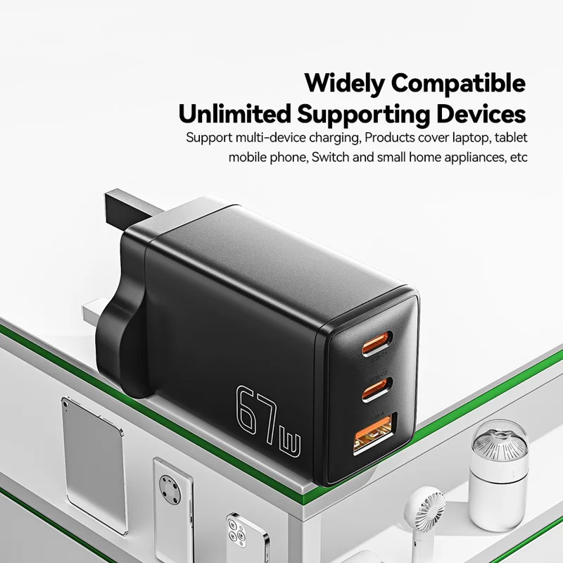 ESSAGER GaN X 67W USB-A + 2 Type-C Wall Charger for Cell Phone, Camera, Tablet, Laptop - White / UK Plug