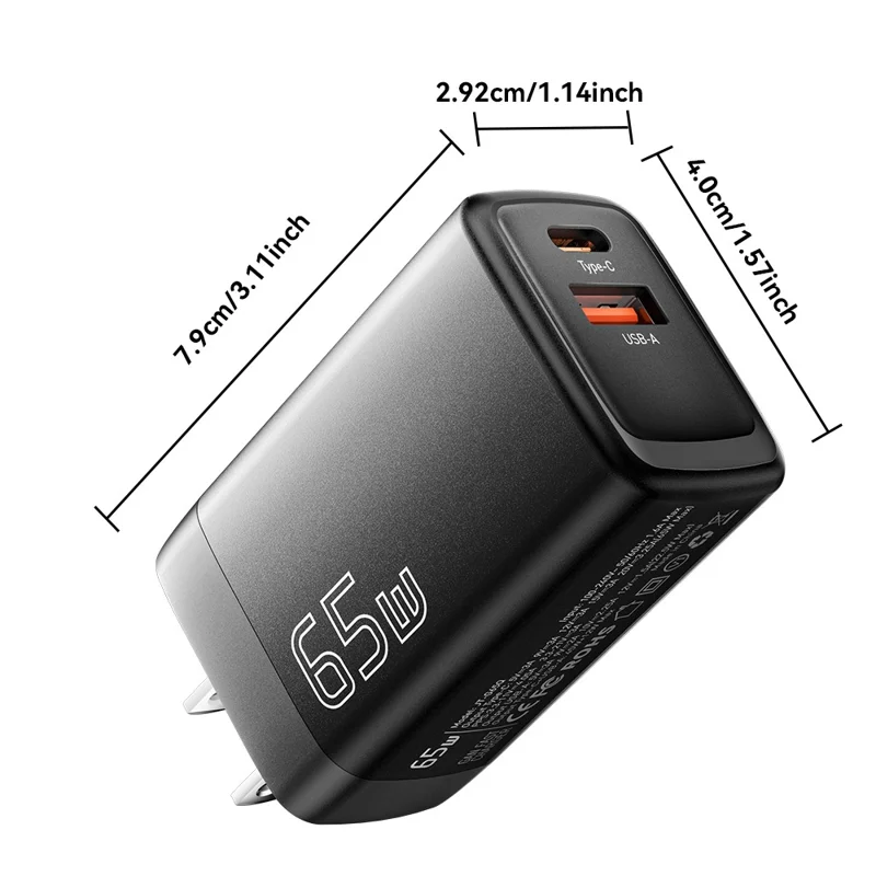 ESSAGER Gan 65W USB + Estación de Carga de Cargadores de Pared Tipo c Para Hogar, Oficina, Viaje - Negro / Enchufe de Ee. Uu.