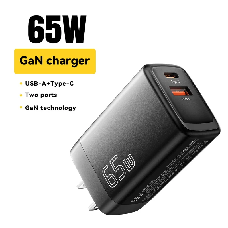 ESSAGER Gan 65W USB + Estación de Carga de Cargadores de Pared Tipo c Para Hogar, Oficina, Viaje - Negro / Enchufe de Ee. Uu.